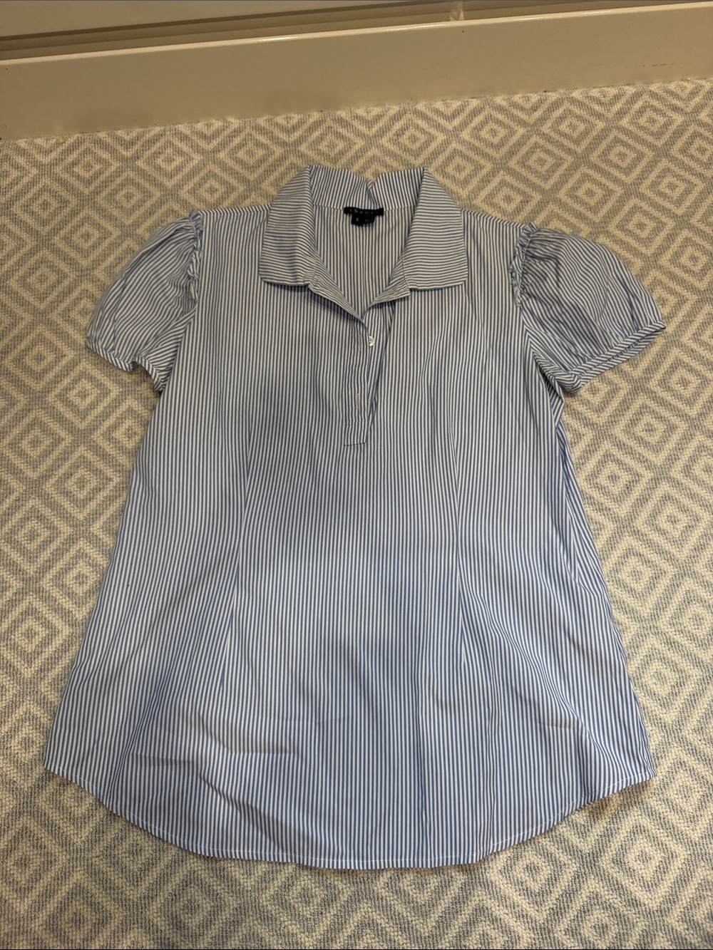 Theory Blue and White Striped Puff-Sleeve Button Down Top